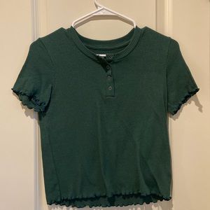 Dark Green Ribbed Button Front Tee Shirt with Waffle Design